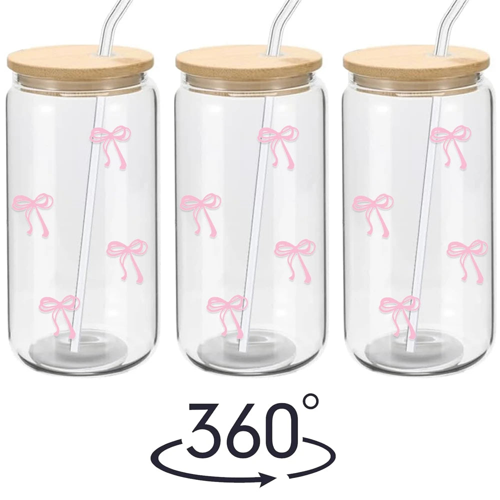 500ml Pink Bow Cute Glass Cups with Lids and Straw Tumbler Glass Cup for Iced Milk Coffee Smoothie Cocktail Matcha Juice Cup